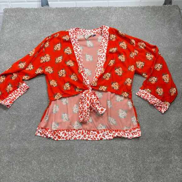 Farm Rio Anthropologie Kimono Open Front Coral Floral Animal Print One Size Fall - Picture 5 of 13